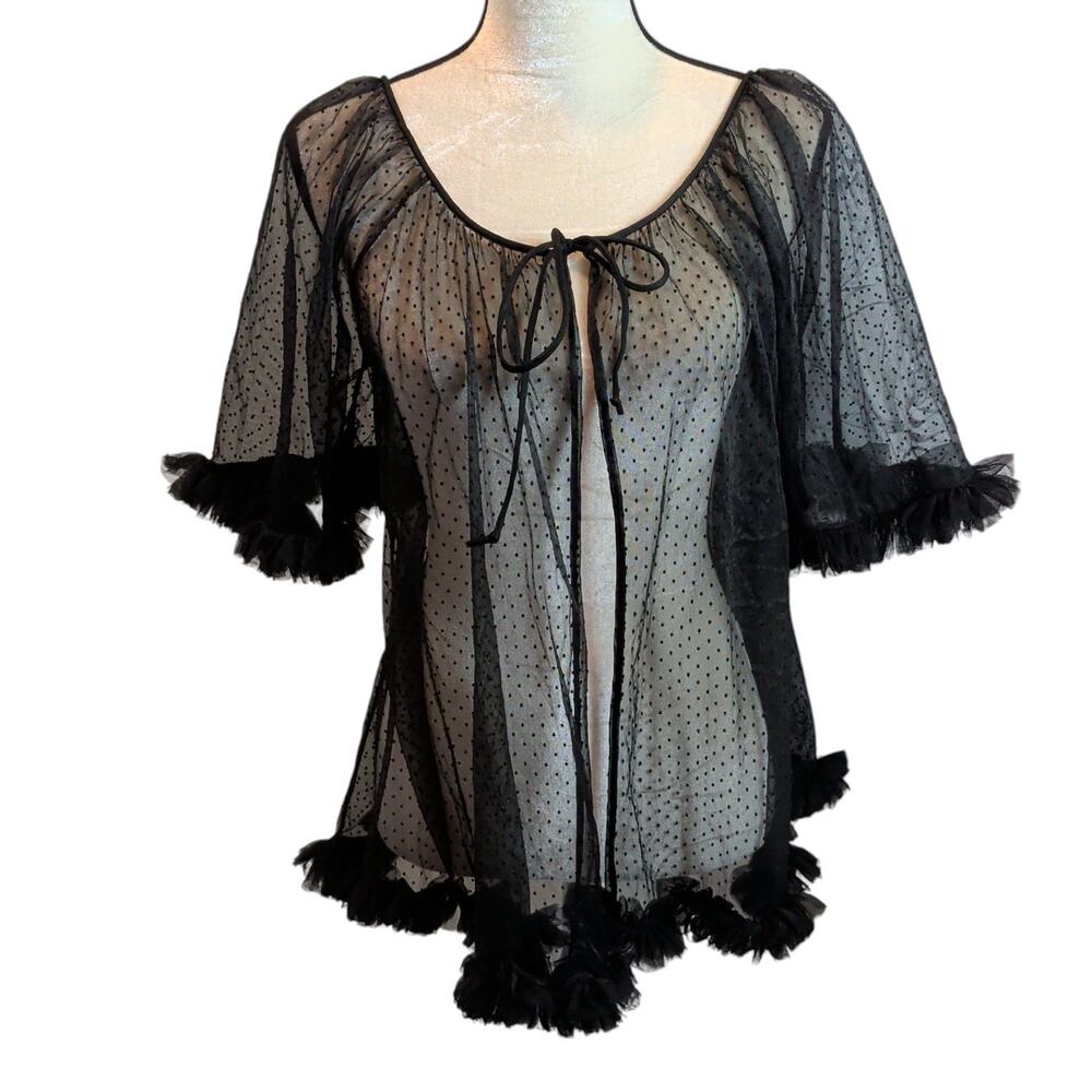 Vtg 60s Women's Sz S Lisette Black Polka Dot Sheer Swing Peignoir Robe Ruffle